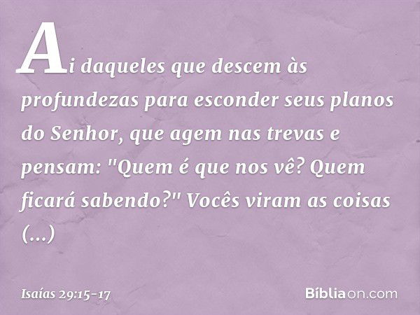 Ai daqueles que descem às profundezas
para esconder seus planos do Senhor,
que agem nas trevas e pensam:
"Quem é que nos vê?
Quem ficará sabendo?" Vocês viram a