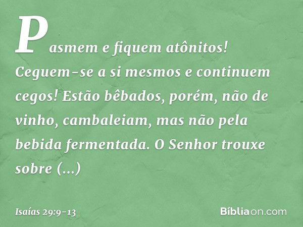 Pasmem e fiquem atônitos!
Ceguem-se a si mesmos
e continuem cegos!
Estão bêbados, porém, não de vinho,
cambaleiam, mas não pela
bebida fermentada. O Senhor trou