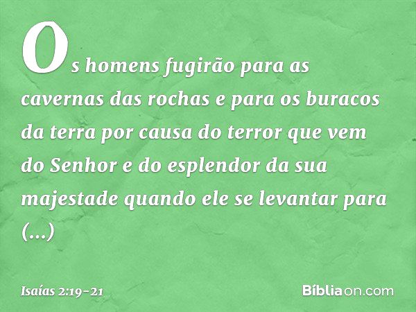 Os homens fugirão
para as cavernas das rochas
e para os buracos da terra
por causa do terror
que vem do Senhor
e do esplendor da sua majestade
quando ele se lev