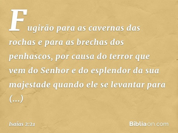 Fugirão para as cavernas das rochas
e para as brechas dos penhascos,
por causa do terror
que vem do Senhor
e do esplendor da sua majestade
quando ele se levanta