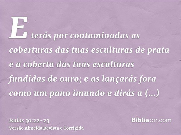 E terás por contaminadas as coberturas das tuas esculturas de prata e a coberta das tuas esculturas fundidas de ouro; e as lançarás fora como um pano imundo e d