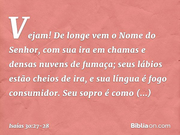 Vejam! De longe vem
o Nome do Senhor,
com sua ira em chamas
e densas nuvens de fumaça;
seus lábios estão cheios de ira,
e sua língua é fogo consumidor. Seu sopr