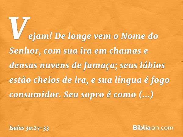 Vejam! De longe vem
o Nome do Senhor,
com sua ira em chamas
e densas nuvens de fumaça;
seus lábios estão cheios de ira,
e sua língua é fogo consumidor. Seu sopr