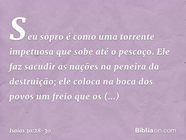 Seu sopro é como
uma torrente impetuosa
que sobe até o pescoço.
Ele faz sacudir as nações
na peneira da destruição;
ele coloca na boca dos povos
um freio que os