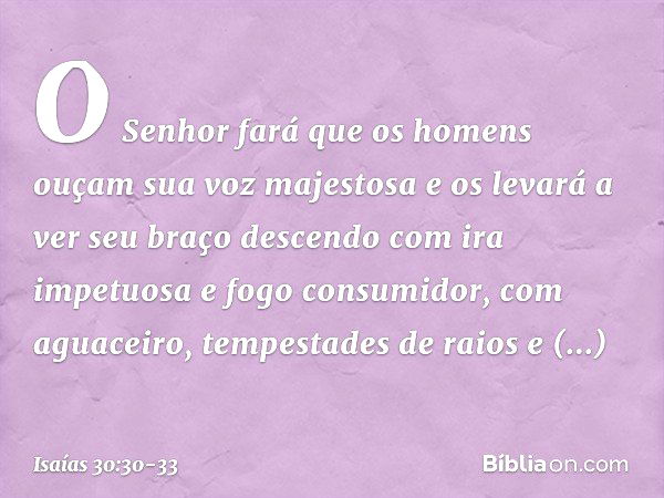 O Senhor fará que os homens
ouçam sua voz majestosa
e os levará a ver seu braço descendo
com ira impetuosa e fogo consumidor,
com aguaceiro, tempestades de raio