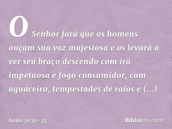 O Senhor fará que os homens
ouçam sua voz majestosa
e os levará a ver seu braço descendo
com ira impetuosa e fogo consumidor,
com aguaceiro, tempestades de raio