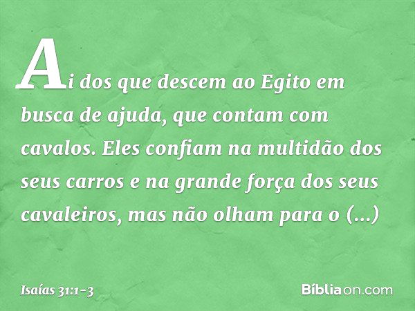 Ai dos que descem ao Egito
em busca de ajuda,
que contam com cavalos.
Eles confiam na multidão dos seus carros
e na grande força dos seus cavaleiros,
mas não ol