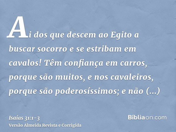 Ai dos que descem ao Egito a buscar socorro e se estribam em cavalos! Têm confiança em carros, porque são muitos, e nos cavaleiros, porque são poderosíssimos; e