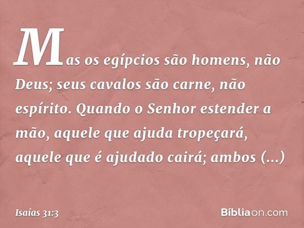 Mas os egípcios são homens, não Deus;
seus cavalos são carne, não espírito.
Quando o Senhor estender a mão,
aquele que ajuda tropeçará,
aquele que é ajudado cai