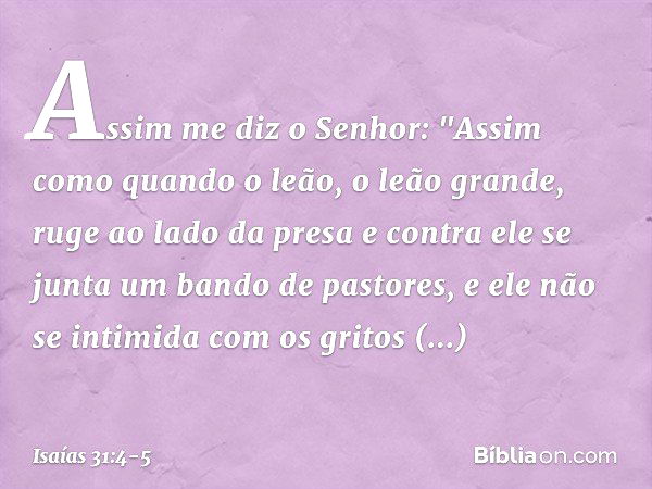 Assim me diz o Senhor:
"Assim como quando o leão,
o leão grande, ruge ao lado da presa
e contra ele se junta
um bando de pastores,
e ele não se intimida com os 