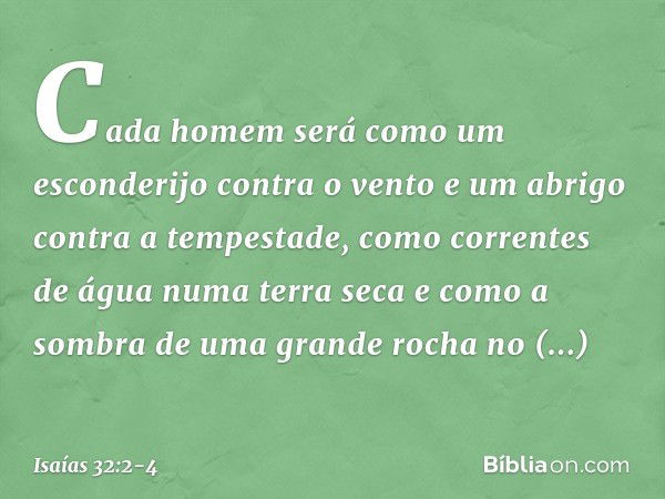 Cada homem será como um esconderijo
contra o vento
e um abrigo contra a tempestade,
como correntes de água numa terra seca
e como a sombra de uma grande rocha
n