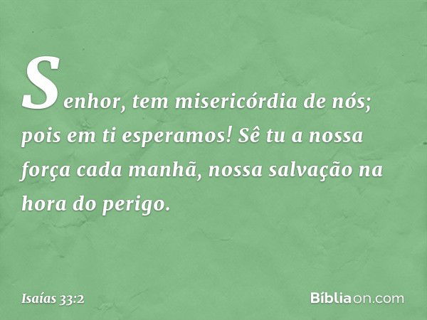 Senhor, tem misericórdia de nós;
pois em ti esperamos!
Sê tu a nossa força cada manhã,
nossa salvação na hora do perigo. -- Isaías 33:2