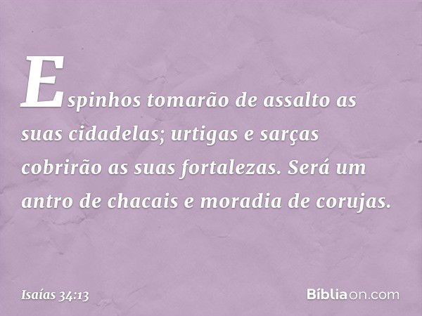 Espinhos tomarão de assalto
as suas cidadelas;
urtigas e sarças
cobrirão as suas fortalezas.
Será um antro de chacais
e moradia de corujas. -- Isaías 34:13