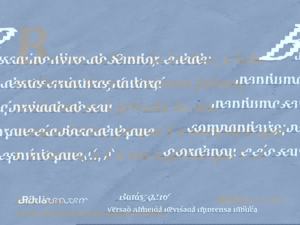 Buscai no livro do Senhor, e lede: nenhuma destas criaturas faltará, nenhuma será privada do seu companheiro; porque é a boca dele que o ordenou, e é o seu espí