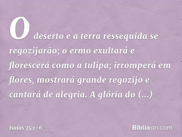 O deserto e a terra ressequida
se regozijarão;
o ermo exultará e florescerá
como a tulipa; irromperá em flores,
mostrará grande regozijo
e cantará de alegria.
A