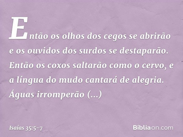 Então os olhos dos cegos se abrirão
e os ouvidos dos surdos se destaparão. Então os coxos saltarão como o cervo,
e a língua do mudo cantará de alegria.
Águas ir