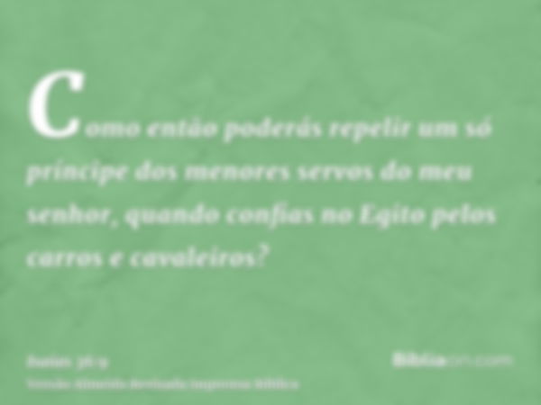 Como então poderás repelir um só príncipe dos menores servos do meu senhor, quando confias no Egito pelos carros e cavaleiros?