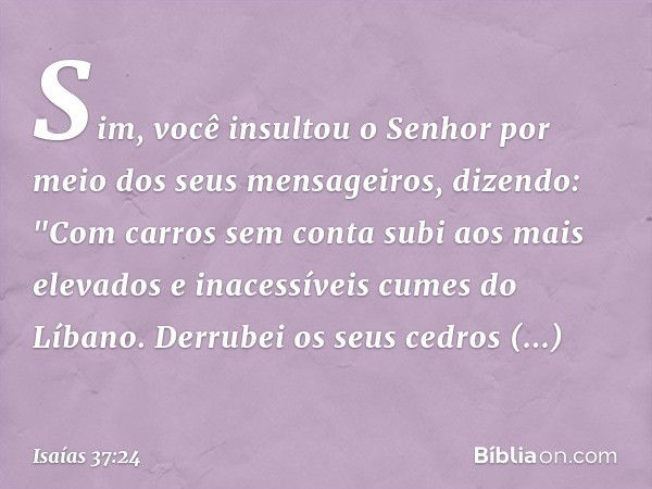 Sim, você insultou o Senhor
por meio dos seus mensageiros,
dizendo:
"Com carros sem conta
subi aos mais elevados
e inacessíveis cumes do Líbano.
Derrubei os seu