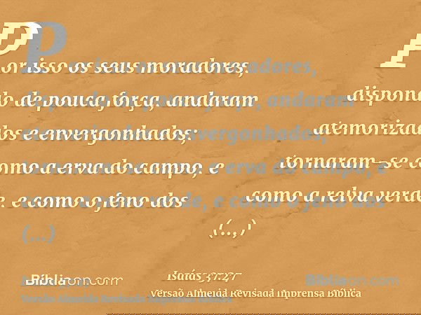 Por isso os seus moradores, dispondo de pouca força, andaram atemorizados e envergonhados; tornaram-se como a erva do campo, e como a relva verde, e como o feno
