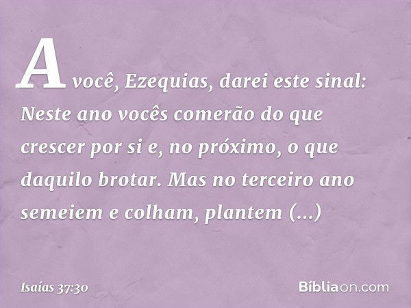 " 'A você, Ezequias, darei este sinal:
" 'Neste ano vocês comerão
do que crescer por si
e, no próximo, o que daquilo brotar.
Mas no terceiro ano semeiem e colha