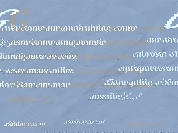 Gritei como um andorinhão,
como um tordo;
gemi como uma pomba chorosa.
Olhando para os céus,
enfraqueceram-se os meus olhos.
Estou aflito, ó Senhor!
Vem em meu 