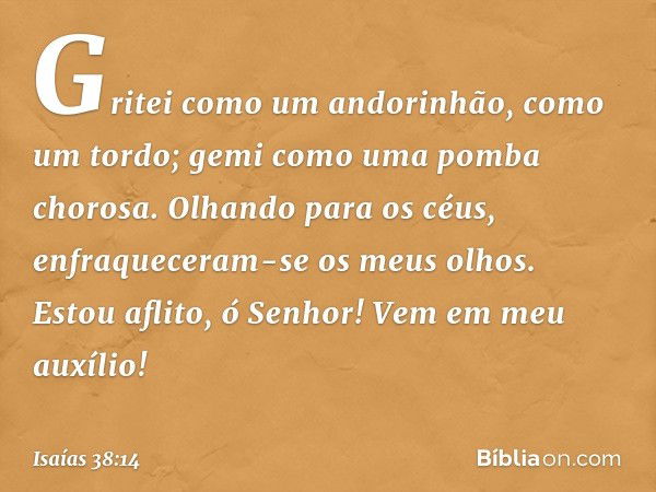 Gritei como um andorinhão,
como um tordo;
gemi como uma pomba chorosa.
Olhando para os céus,
enfraqueceram-se os meus olhos.
Estou aflito, ó Senhor!
Vem em meu 