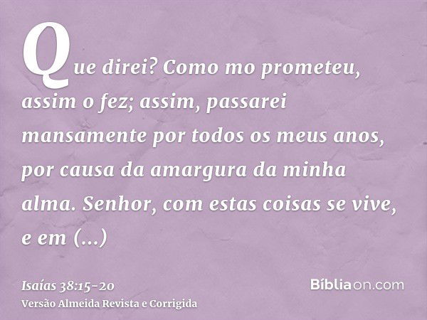 Que direi? Como mo prometeu, assim o fez; assim, passarei mansamente por todos os meus anos, por causa da amargura da minha alma.Senhor, com estas coisas se viv