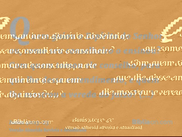 Quem guiou o Espírito do Senhor, ou, como seu conselheiro o ensinou?Com quem tomou ele conselho, para que lhe desse entendimento, e quem lhe mostrou a vereda do