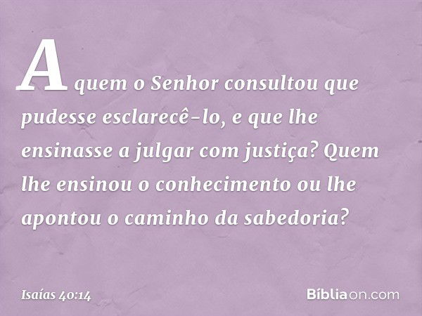 A quem o Senhor consultou
que pudesse esclarecê-lo,
e que lhe ensinasse a julgar com justiça?
Quem lhe ensinou o conhecimento
ou lhe apontou o caminho da sabedo