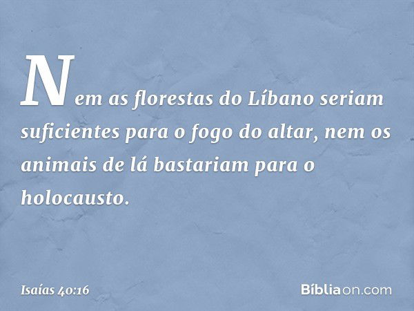 Nem as florestas do Líbano
seriam suficientes
para o fogo do altar,
nem os animais de lá bastariam
para o holocausto. -- Isaías 40:16