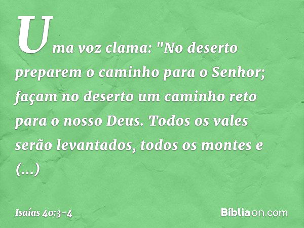 Uma voz clama:
"No deserto preparem o caminho
para o Senhor;
façam no deserto um caminho reto
para o nosso Deus. Todos os vales serão levantados,
todos os monte