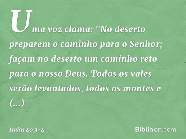 Uma voz clama:
"No deserto preparem o caminho
para o Senhor;
façam no deserto um caminho reto
para o nosso Deus. Todos os vales serão levantados,
todos os monte