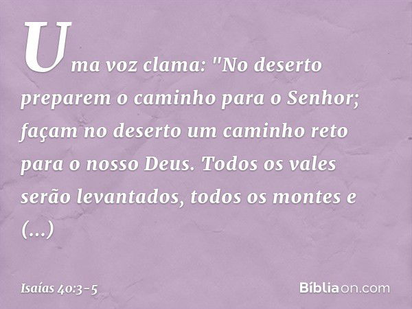 Uma voz clama:
"No deserto preparem o caminho
para o Senhor;
façam no deserto um caminho reto
para o nosso Deus. Todos os vales serão levantados,
todos os monte