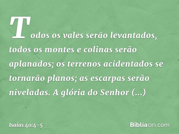 Todos os vales serão levantados,
todos os montes e colinas
serão aplanados;
os terrenos acidentados
se tornarão planos;
as escarpas serão niveladas. A glória do