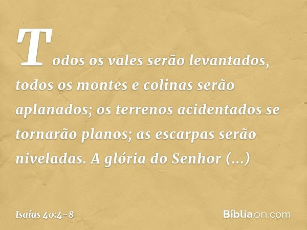 Todos os vales serão levantados,
todos os montes e colinas
serão aplanados;
os terrenos acidentados
se tornarão planos;
as escarpas serão niveladas. A glória do