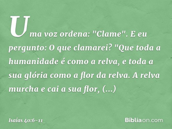 Uma voz ordena: "Clame".
E eu pergunto: O que clamarei?
"Que toda a humanidade é como a relva,
e toda a sua glória
como a flor da relva. A relva murcha e cai a 