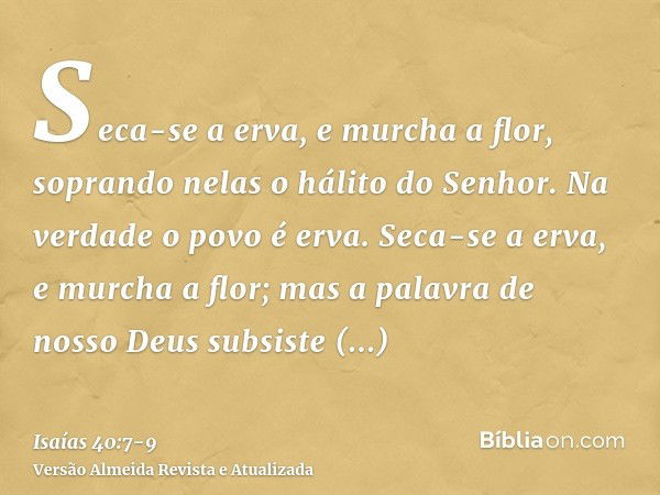 Seca-se a erva, e murcha a flor, soprando nelas o hálito do Senhor. Na verdade o povo é erva.Seca-se a erva, e murcha a flor; mas a palavra de nosso Deus subsis