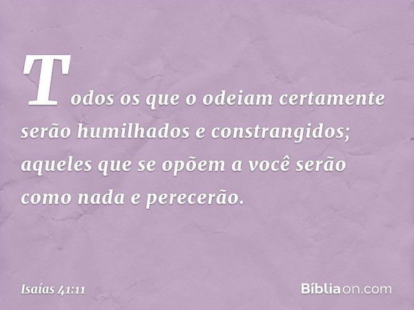 "Todos os que o odeiam
certamente serão humilhados
e constrangidos;
aqueles que se opõem a você
serão como nada e perecerão. -- Isaías 41:11