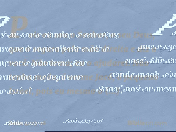 Pois eu sou o Senhor, o seu Deus,
que o segura pela mão direita
e diz a você: Não tema; eu o ajudarei. Não tenha medo, ó verme Jacó,
ó pequeno Israel,
pois eu m
