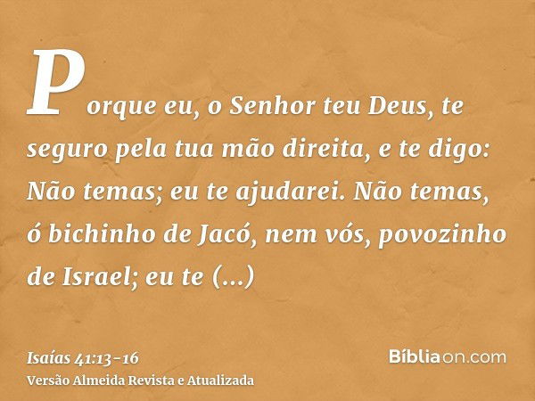 Porque eu, o Senhor teu Deus, te seguro pela tua mão direita, e te digo: Não temas; eu te ajudarei.Não temas, ó bichinho de Jacó, nem vós, povozinho de Israel; 