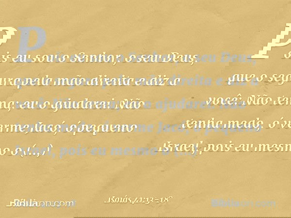 Pois eu sou o Senhor, o seu Deus,
que o segura pela mão direita
e diz a você: Não tema; eu o ajudarei. Não tenha medo, ó verme Jacó,
ó pequeno Israel,
pois eu m