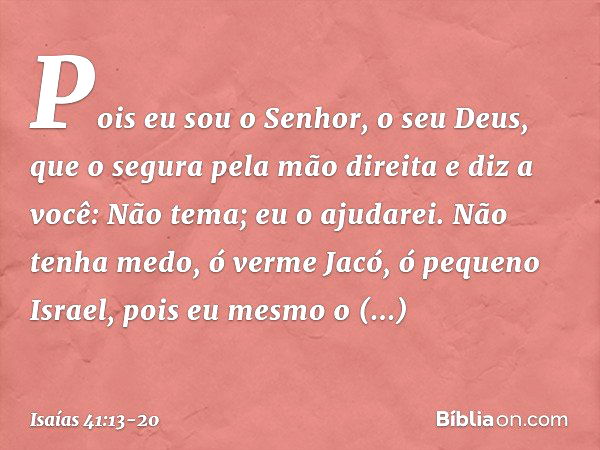 Pois eu sou o Senhor, o seu Deus,
que o segura pela mão direita
e diz a você: Não tema; eu o ajudarei. Não tenha medo, ó verme Jacó,
ó pequeno Israel,
pois eu m