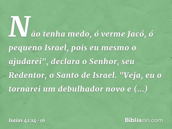 Não tenha medo, ó verme Jacó,
ó pequeno Israel,
pois eu mesmo o ajudarei",
declara o Senhor,
seu Redentor, o Santo de Israel. "Veja, eu o tornarei um debulhador