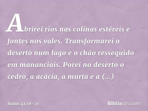 Abrirei rios nas colinas estéreis
e fontes nos vales.
Transformarei o deserto num lago
e o chão ressequido em mananciais. Porei no deserto o cedro,
a acácia, a 