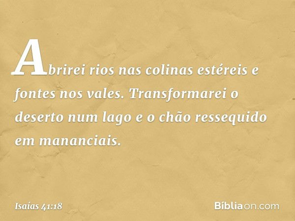 Abrirei rios nas colinas estéreis
e fontes nos vales.
Transformarei o deserto num lago
e o chão ressequido em mananciais. -- Isaías 41:18