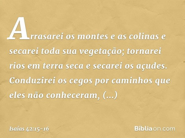 Arrasarei os montes e as colinas
e secarei toda sua vegetação;
tornarei rios em terra seca e secarei os açudes. Conduzirei os cegos por caminhos
que eles não co