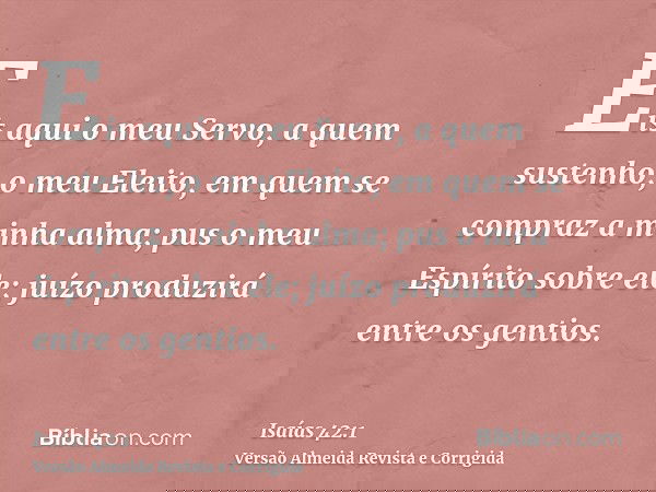 Eis aqui o meu Servo, a quem sustenho, o meu Eleito, em quem se compraz a minha alma; pus o meu Espírito sobre ele; juízo produzirá entre os gentios.