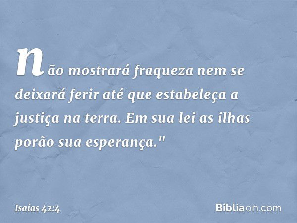 não mostrará fraqueza
nem se deixará ferir
até que estabeleça a justiça na terra.
Em sua lei as ilhas porão sua esperança." -- Isaías 42:4