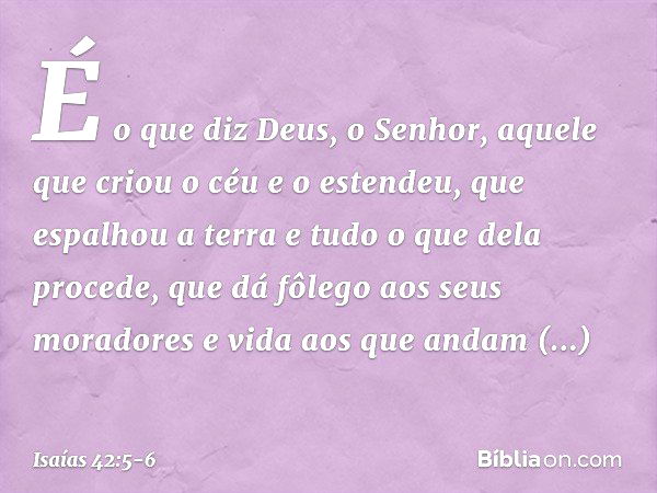 É o que diz Deus, o Senhor,
aquele que criou o céu e o estendeu,
que espalhou a terra
e tudo o que dela procede,
que dá fôlego aos seus moradores
e vida aos que