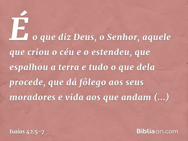 É o que diz Deus, o Senhor,
aquele que criou o céu e o estendeu,
que espalhou a terra
e tudo o que dela procede,
que dá fôlego aos seus moradores
e vida aos que